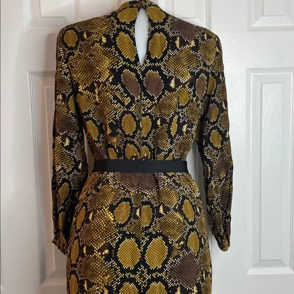 ZARA SNAKESKIN ANIMAL PRINT LONG SLEEVE BELTED BLACK BROWN YELLOW DRESS SZ XS - Picture 13 of 16